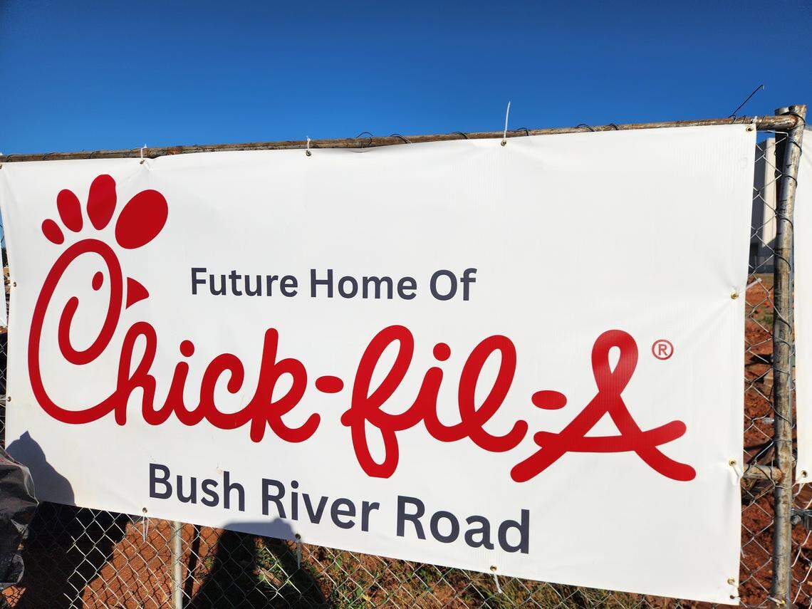 A sign announces the coming of a newly built Chick-fil-A on Bush River Road, in the southwest corner of the Dutch Square mall parking lot.