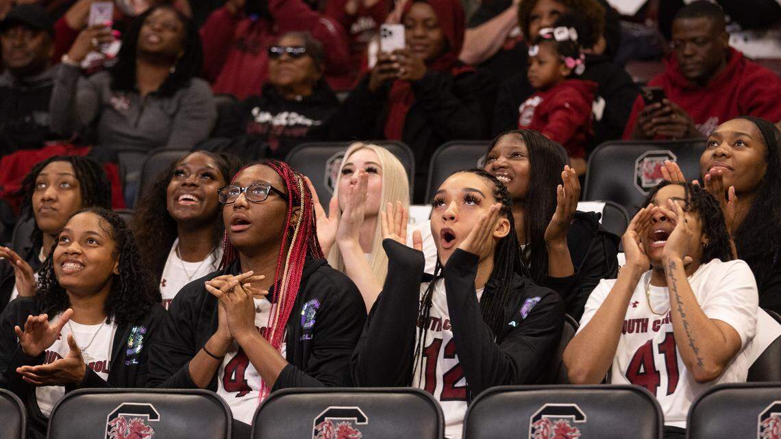 The Gamecocks react to being officially named the No. 1 seed in the NCAA Tournament during the Gamecocks’ NCAA Selection Show Event at Colonial Life Arena on Sunday, March 12, 2023.
