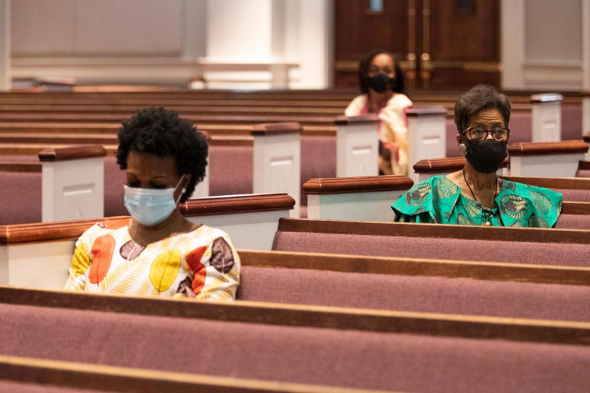 Choir and band members read from Matthew during a live-streamed Bible study at Brookland Baptist Church in West Columbia, South Carolina on Wednesday, February 24, 2021.