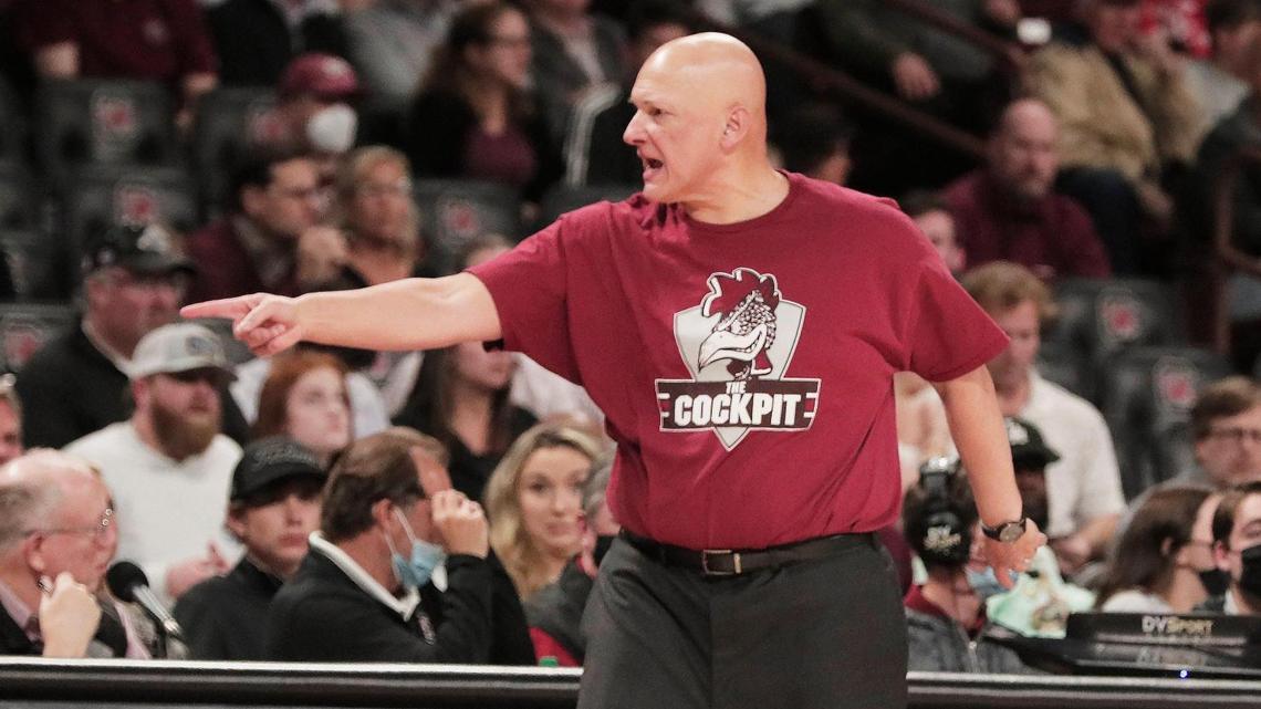 South Carolina’s Frank Martin speaks to team as they play Missouri on Tuesday, March 1, 2022.