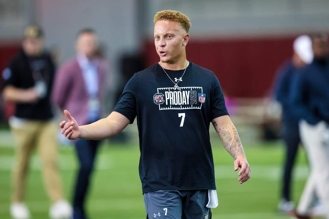 South Carolina Gamecocks quarterback Spencer Rattler (7) during USC’s Pro Day March 12, 2024.