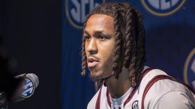 Oct 14, 2025; Birmingham, AL, USA; South Carolina Gamecocks guard Meechie Johnson talks with the media during SEC Media Days at Grand Bohemian Hotel.