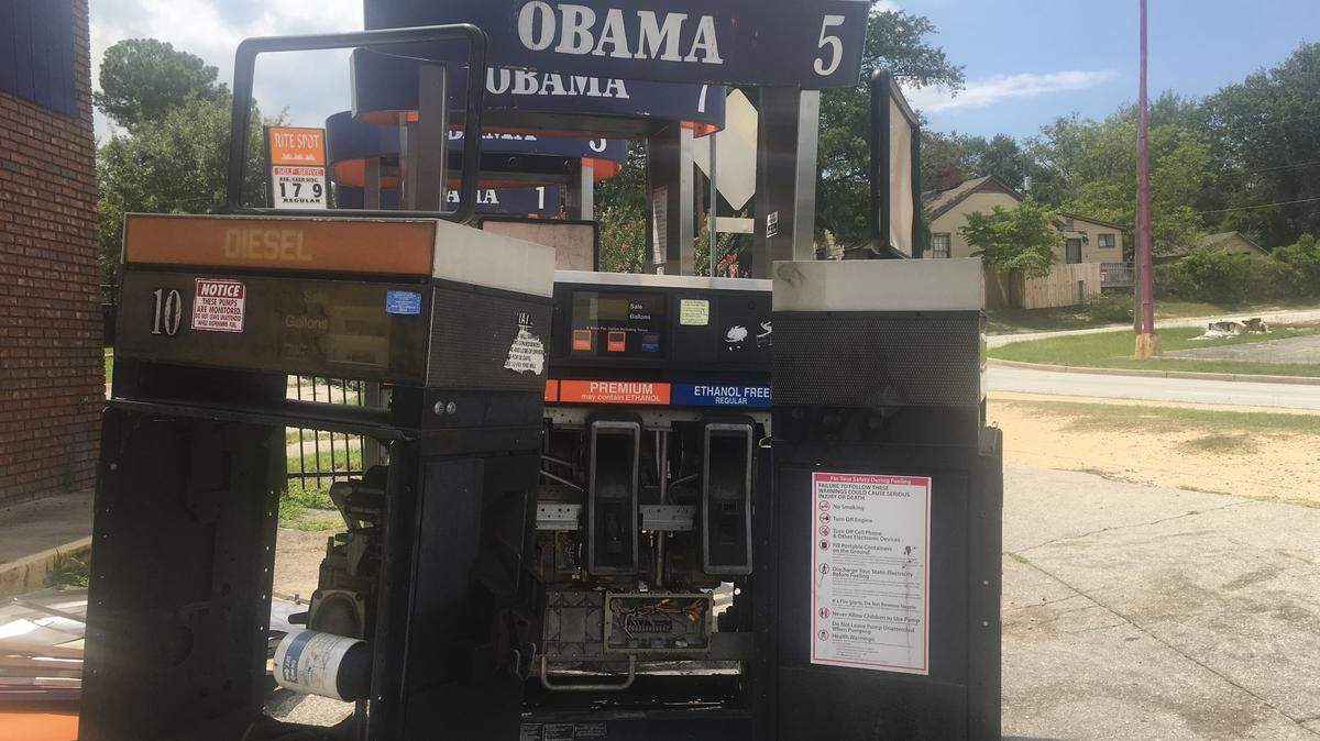 Gutted gas pumps at the location of the former Obama station on Farrow Road.