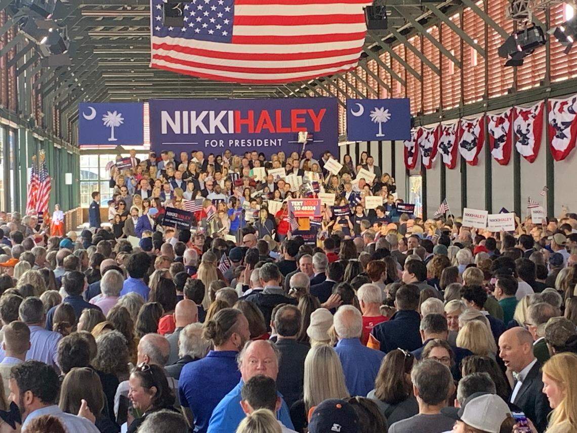 A large crowd packs into the Shed at the Charleston Visitor Center on Wednesday, Feb. 15, 2023 for former Gov. Nikki Haley’s presidential campaign kickoff.