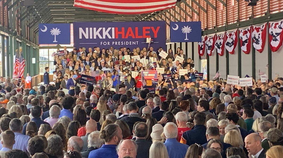A large crowd packs into the Shed at the Charleston Visitor Center on Wednesday, Feb. 15, 2023 for former Gov. Nikki Haley’s presidential campaign kickoff.