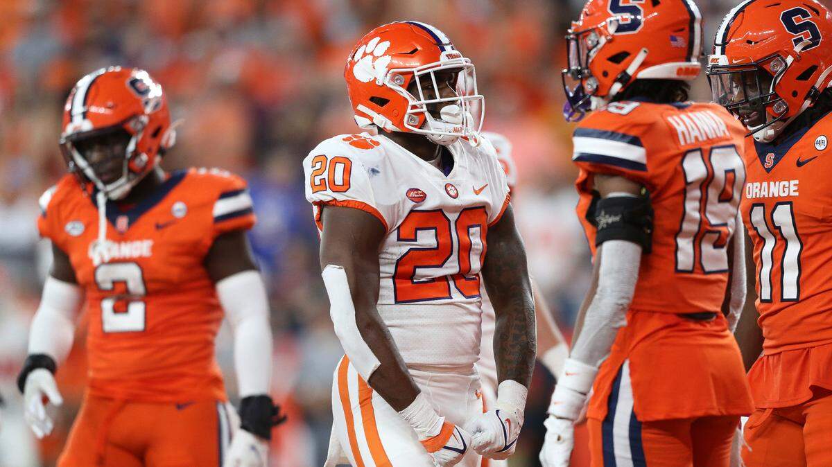 Clemson running back Kobe Pace (20) celebrates a touchdown run against Syracuse during the second quarter of an NCAA football game in Syracuse, N.Y., Friday, Oct. 15, 2021.