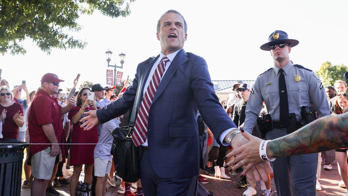 South Carolina head coach Shane Beamer is greeted by fans during the Gamecock Walk before South Carolina’s game against Oklahoma at Williams-Brice Stadium in Columbia on Saturday, October 18, 2025.
