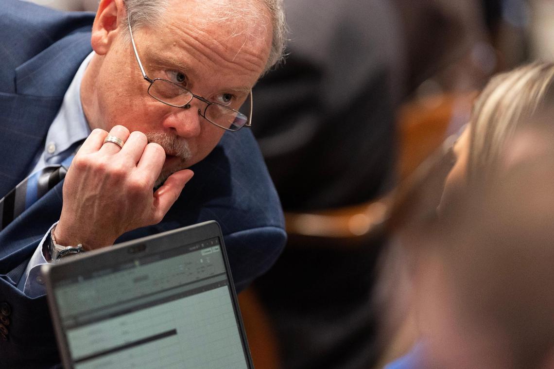 Prosecutor Creighton Waters speaks with his team during Alex Murdaugh’s trial for murder at the Colleton County Courthouse on Friday, January 27, 2023. Joshua Boucher/The State/Pool