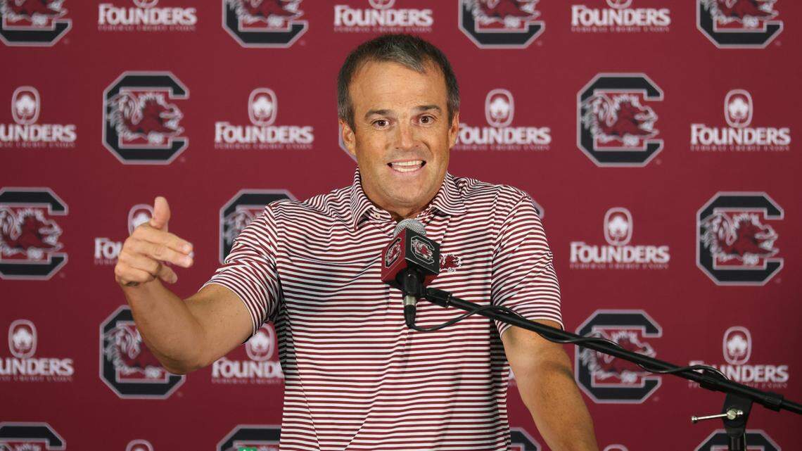 Gamecock head coach Shane Beamer speaks during Media Day at the Spurrier Indoor Practice Facility in Columbia on Thursday, August 3, 2023.