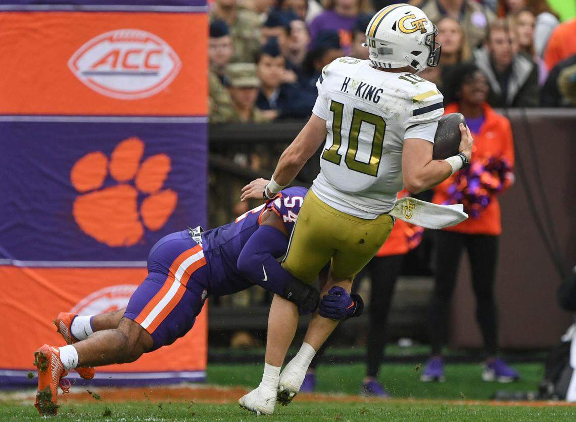 Nov 11, 2023; Clemson, South Carolina, USA; Clemson Tigers linebacker Jeremiah Trotter Jr. (54) sacks Georgia Tech Yellow Jackets quarterback Haynes King (10) during the second quarter at Memorial Stadium.