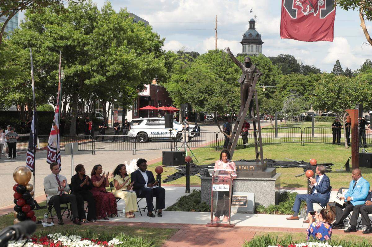 University of South Carolina Head Coach Dawn Staley speaks after a statue of her was unveiled on Wednesday April 20, 2025. 