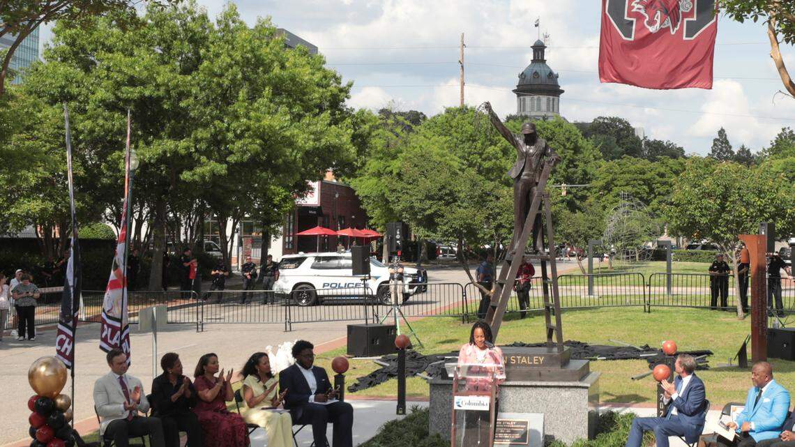 University of South Carolina Head Coach Dawn Staley speaks after a statue of her was unveiled on Wednesday April 20, 2025.