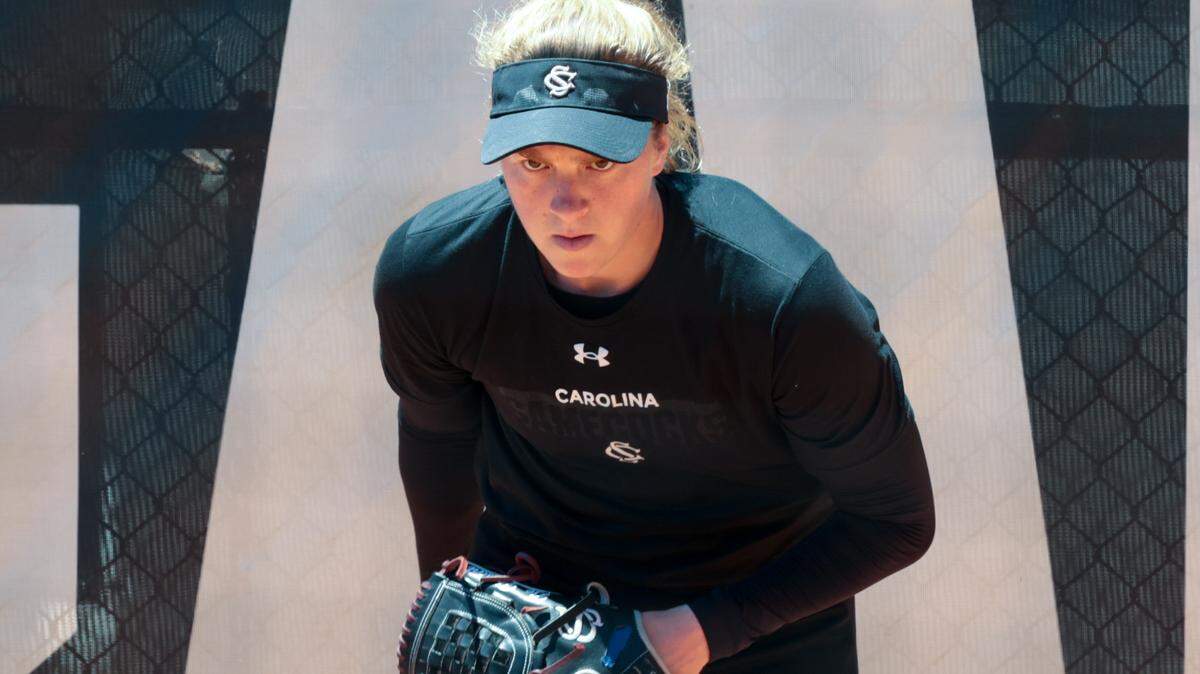University of South Carolina’s Sam Gress (9) throws pitches during practice at the Carolina Softball Stadium before the NCAA Columbia Super Regional on Thursday, May, 22, 2025.