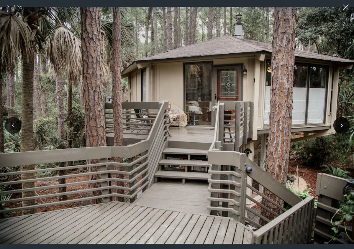 The “Private and Peaceful Treehouse by the Sea” rents for an average of $185 per night.