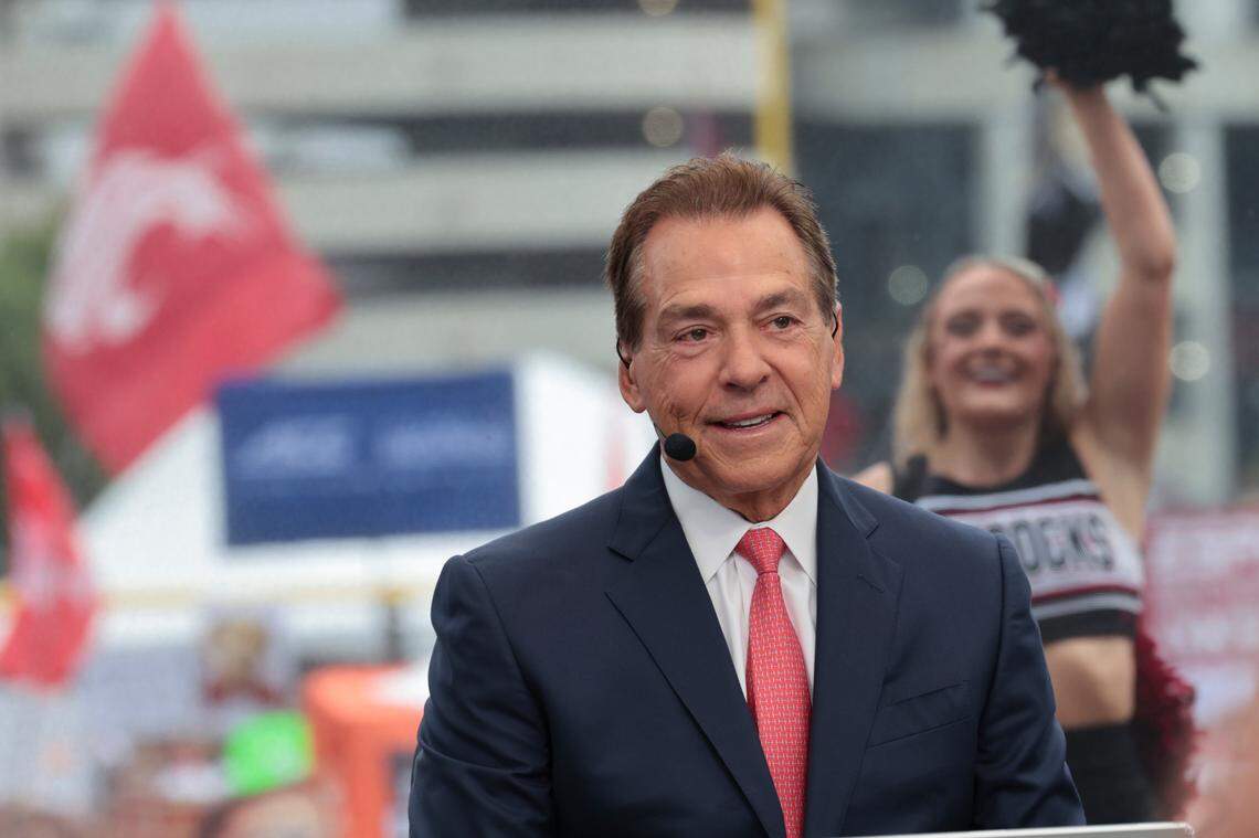 Nick Saban speaks during the broadcast of ESPN College Gameday at Gamecock Park on Saturday, Sept. 14, 2024.