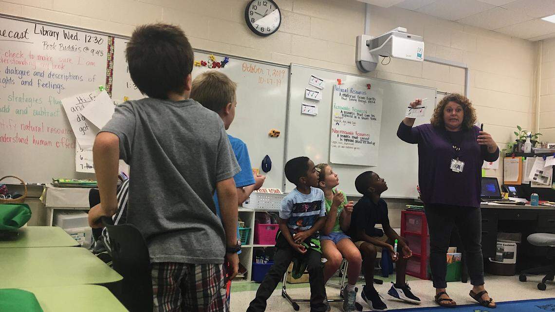 Dutch Fork Elementary students watch third grade teacher Kendall Donald as she explains how a growing human population puts pressure on the Earth’s natural, renewable and nonrenewable resources on Oct. 7, 2019. Dutch Fork Elementary was named the first Green Ribbon school in South Carolina because of its focus on sustainability and environmental education.
