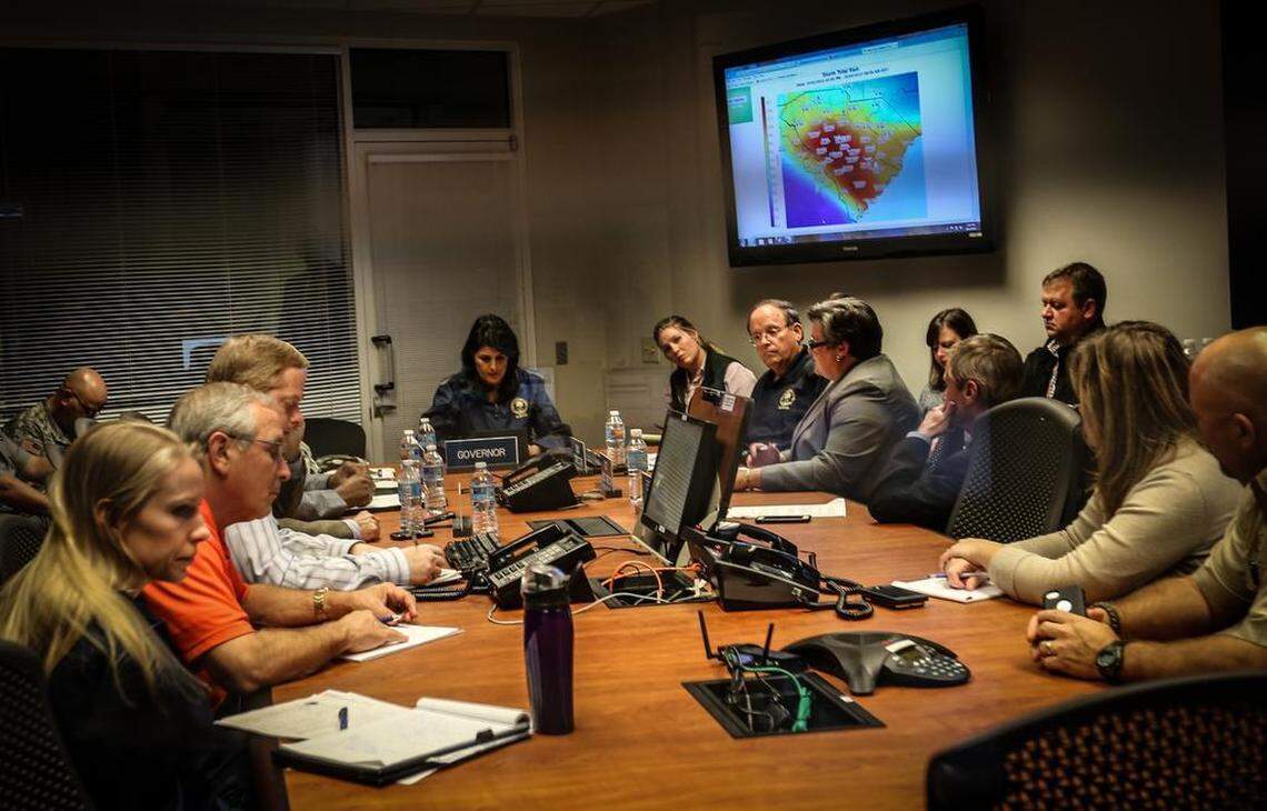 South Carolina Governor Nikki Haley meets with emergency preparedness department heads while the state recovers from widespread flooding due to Hurricane Joaquin.