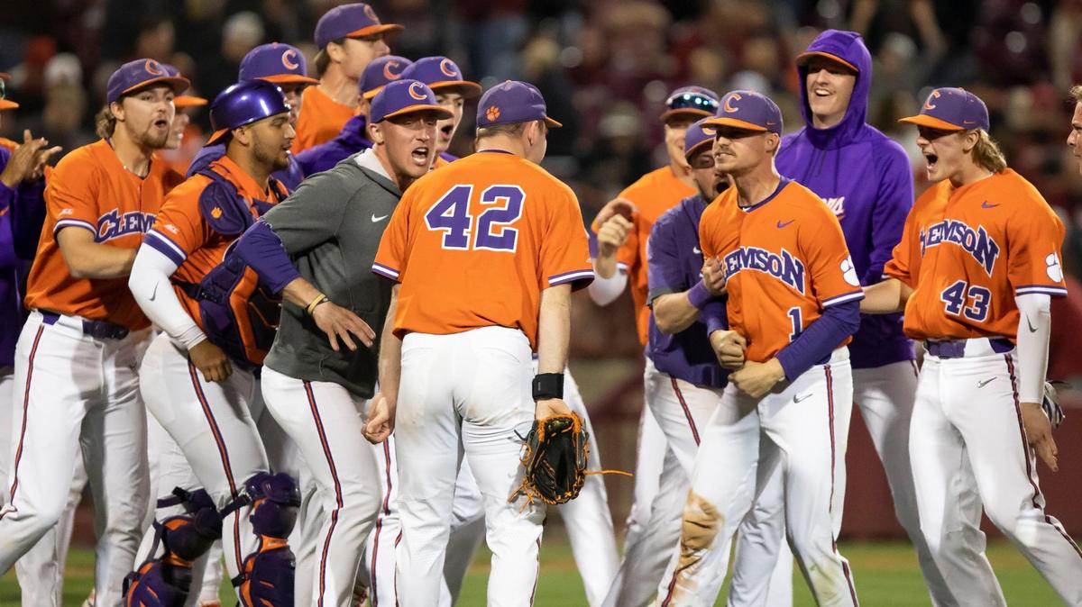 Clemson teammates celebrate following their 3-2 win over the Gamecocks at Founders Park on Friday, March 4, 2022.