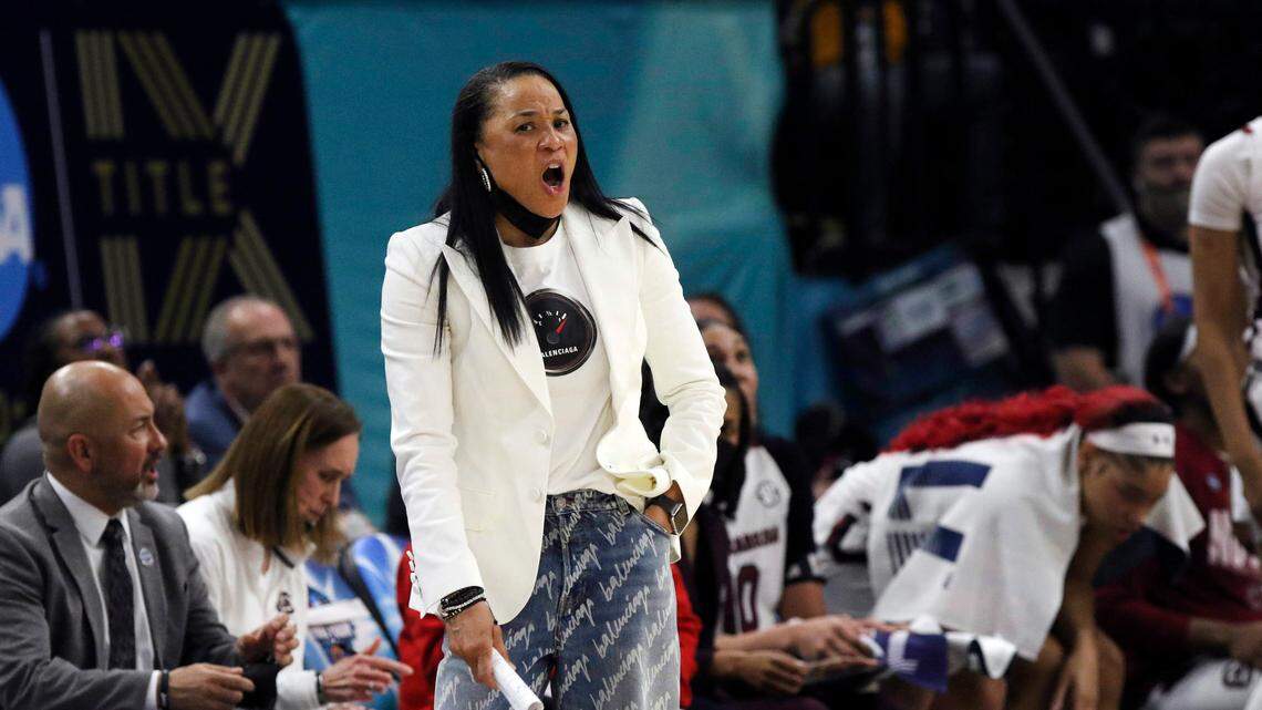 University of South Carolina Head Coach Dawn Staley reacts to a call during the Final Four semifinals against Louisville at the Target Center in Minneapolis, Minn. on Friday, April 1, 2022.