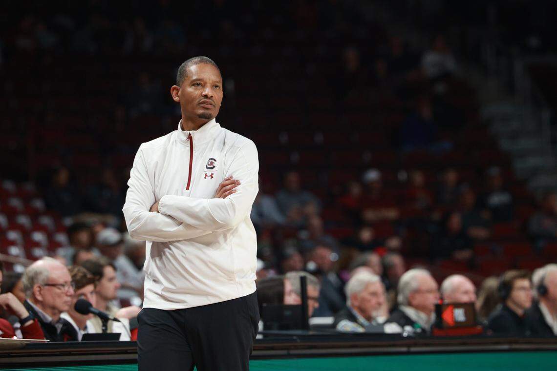 South Carolina head coach Lamont Paris speaks to his team during the game against Upstate at Colonial Life Arena on Saturday, December 14, 2024.