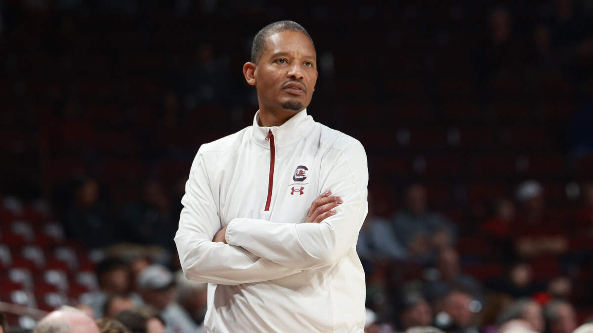 South Carolina head coach Lamont Paris speaks to his team during the game against Upstate at Colonial Life Arena on Saturday, December 14, 2024.