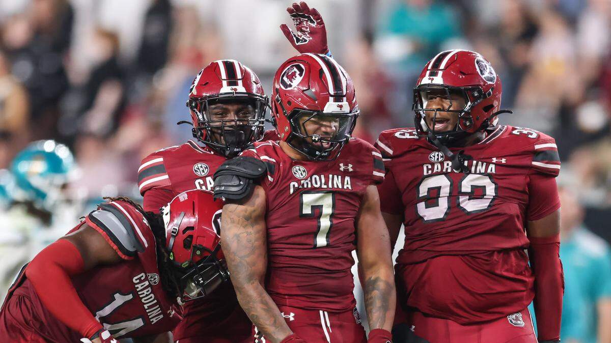 South Carolina linebacker Shawn Murphy (7) celebrates a stop during second half of the Gamecocks’ game against Coastal Carolina at Williams-Brice Stadium in Columbia on Saturday, November 22, 2025.