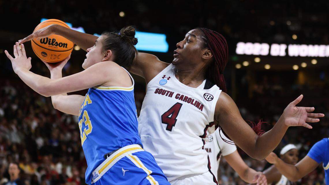 South Carolina Gamecocks forward Aliyah Boston (4) blocks the shot of UCLA Bruins forward Gabriela Jaquez (23) during the Sweet 16 round of the 2023 NCAA Tournament at Bon Secours Wellness Arena in Greenville on Saturday, March 25, 2023.