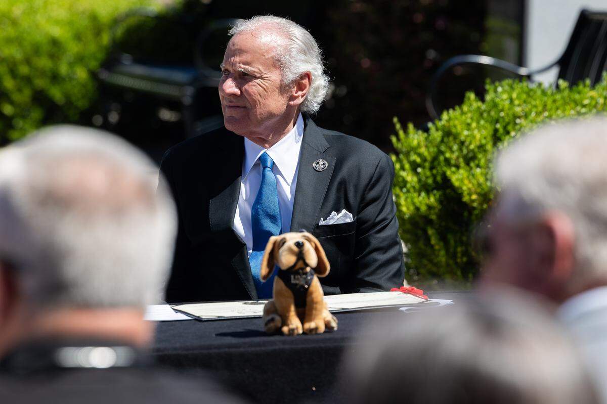South Carolina Governor Henry McMaster listens during a ceremonial bill signing of a law increasing penalties for those who harm law enforcement animals at the Columbia Metropolitan Convention Center on Wednesday, June 3, 2026.