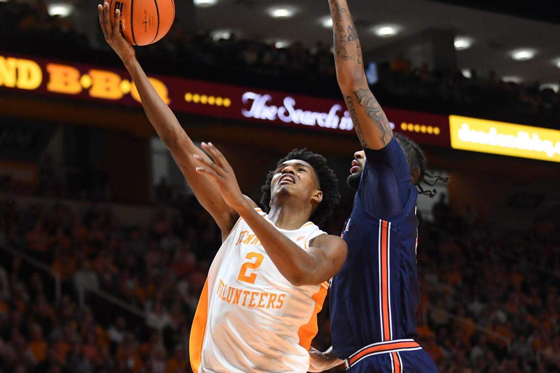 Tennessee forward Julian Phillips (2) takes a shot during an NCAA college basketball game between the Auburn Tigers and the Tennessee Volunteers in Thompson-Boling Arena in Knoxville, Saturday Feb. 4, 2023.