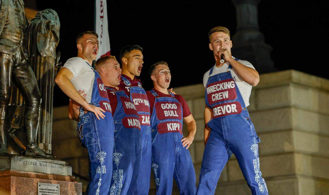 Texas A&M fans gather for the Aggie Yell practice in front of the South Carolina state house on Friday, Oct. 20, 2022. The Gamecocks face the Aggies Saturday at Williams-Brice Stadium.