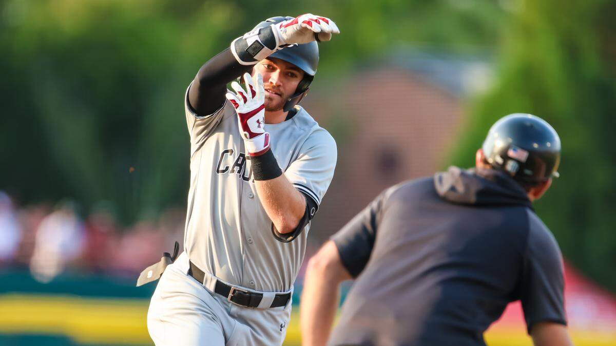 South Carolina Gamecocks infielder Will McGillis (6) rounds the bases after hitting a 2-run homer in the third inning against the Campbell Camels during their 2023 NCAA Columbia Regional game at Founders Park in Columbia, SC, Sunday, June 4, 2023.