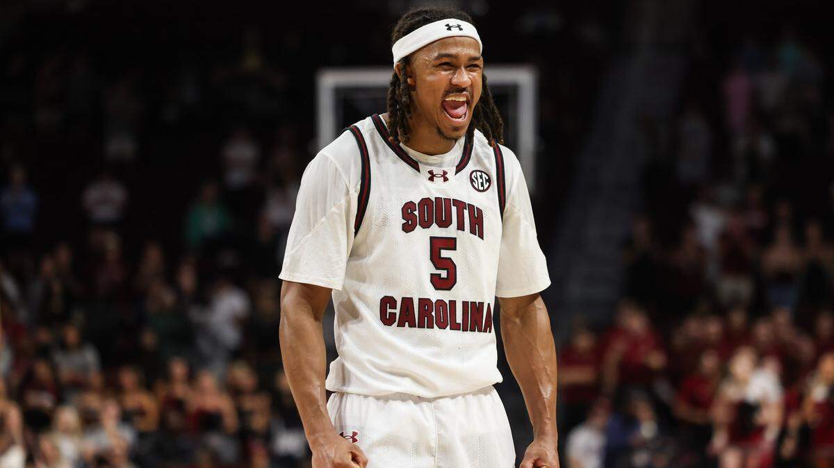 South Carolina guard Meechie Johnson (5) reacts to his team’s win against Southern Mississippi at Colonial Life Arena on Sunday, Nov. 9, 2025.


