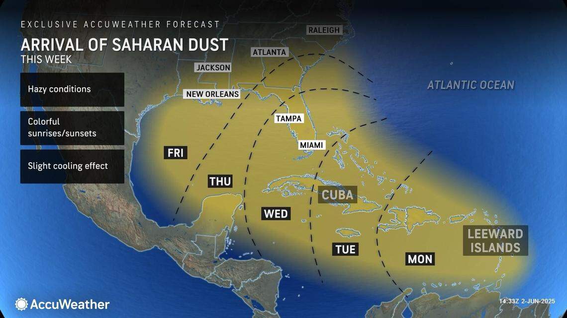 An image that shows the predicted movement of Saharan dust plume across the Atlantic the U.S. over the next several days.