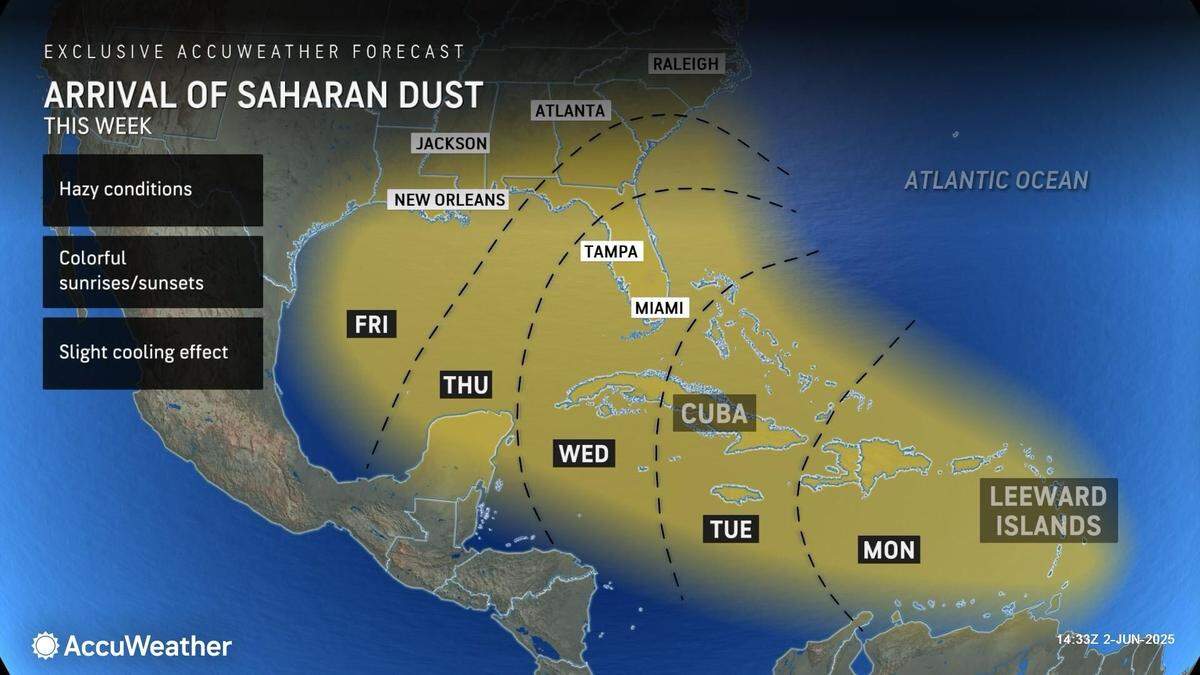 An image that shows the predicted movement of Saharan dust plume across the Atlantic the U.S. over the next several days.
