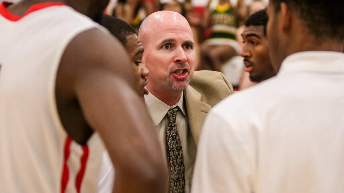 Westwood Redhawks head coach Ty Baumgardner talks to his team during a timeout against the Spring Valley Vikings. Westwood is ranked No. 1 in Class 4A and takes on No. 2 Ridge View on Friday in a Region 3-4A matchup.