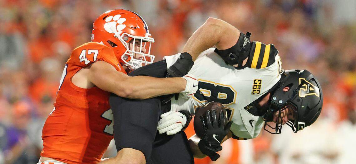 Clemson linebacker Sammy Brown (47) wraps up Appalachian State in Clemson, S.C. on Saturday, Sept. 7, 2024.