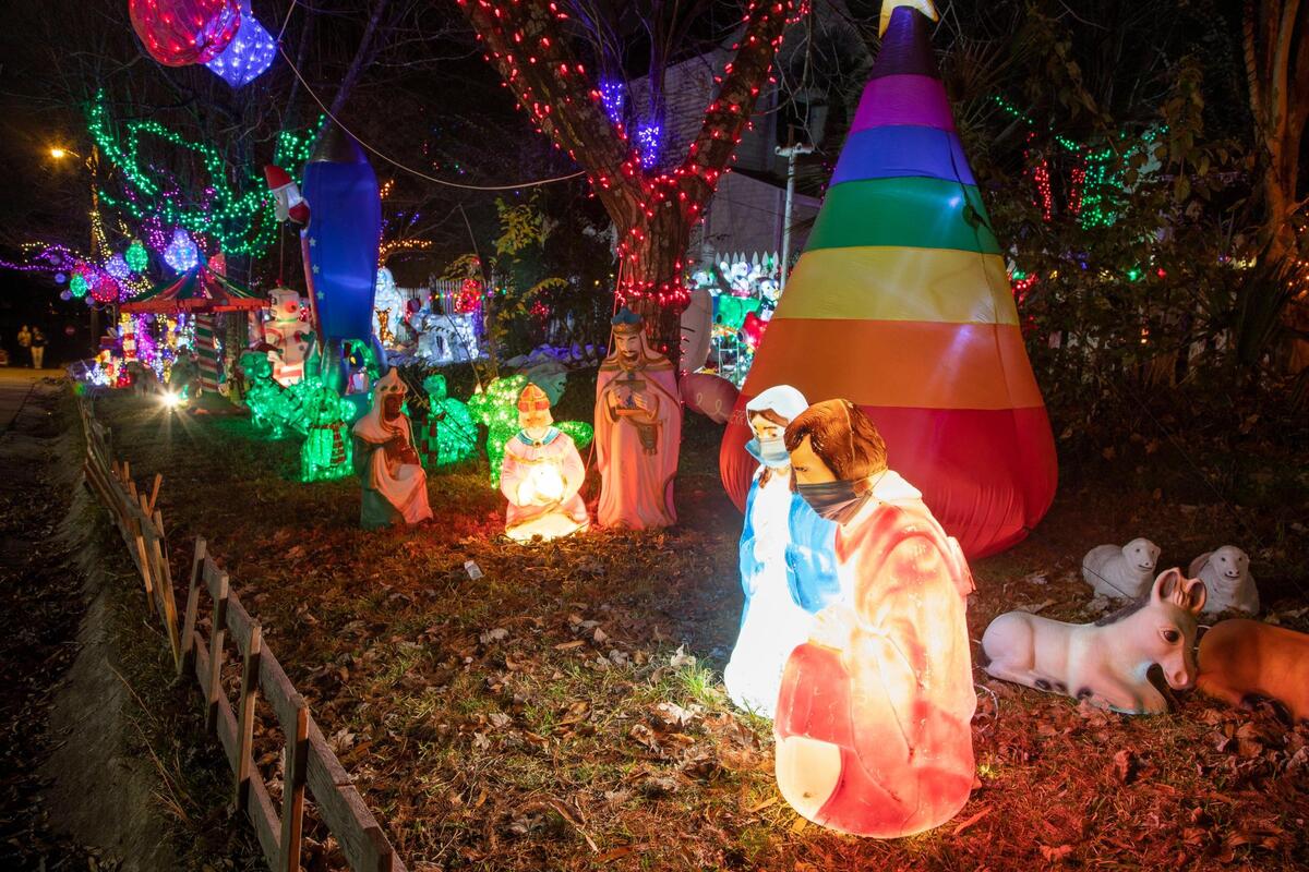 A holiday light display on Hudson Street in West Columbia, South Carolina on Wednesday, December 23, 2020. The display featured a Mary and Joseph wearing masks.