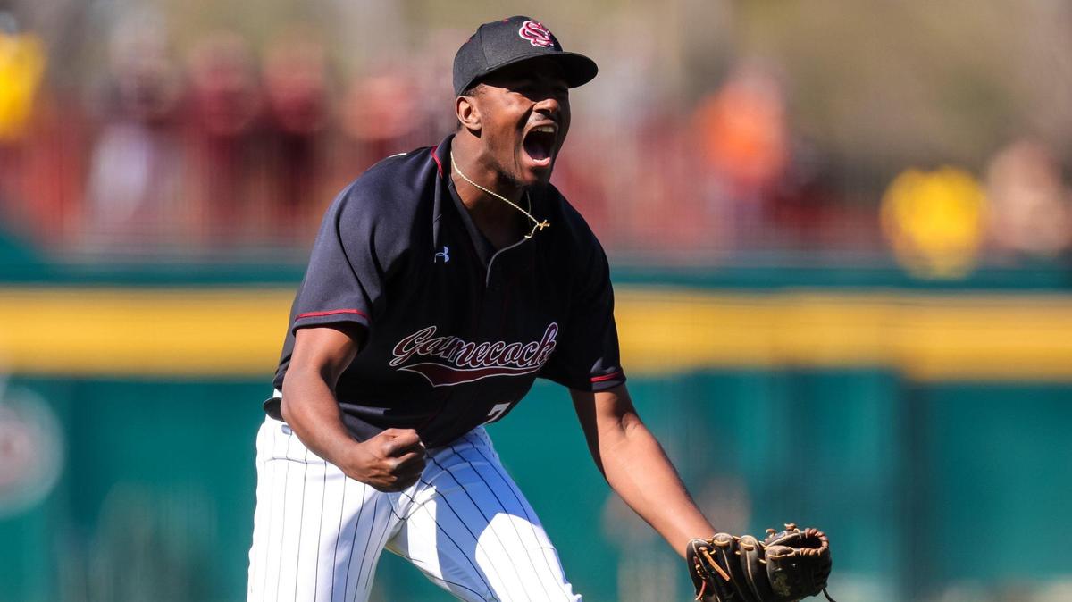 South Carolina Gamecocks shortstop/reliever Michael Braswell (7) celebrates after getting the save against the Texas Longhorns during the first game game of their double header at Founders Park Sunday, March 13, 2022.