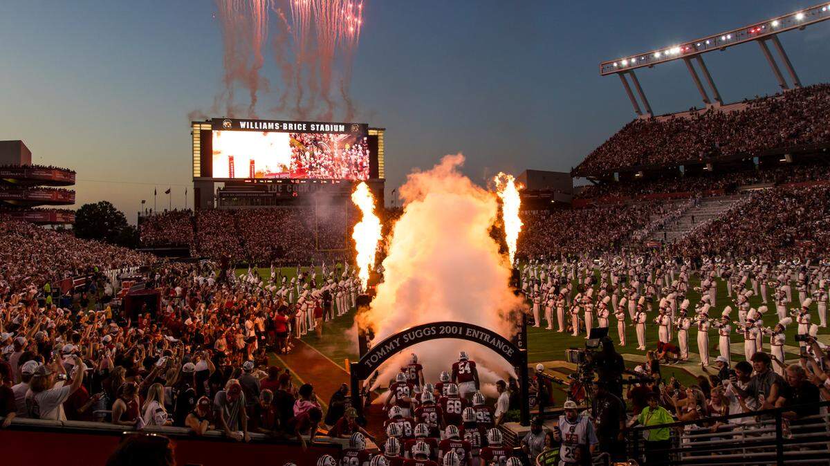 Sep 21, 2024; Columbia, South Carolina, USA; The South Carolina Gamecocks make their “2001” entrance before their game against the Akron Zips at Williams-Brice Stadium. Mandatory Credit: Jeff Blake-Imagn Images
