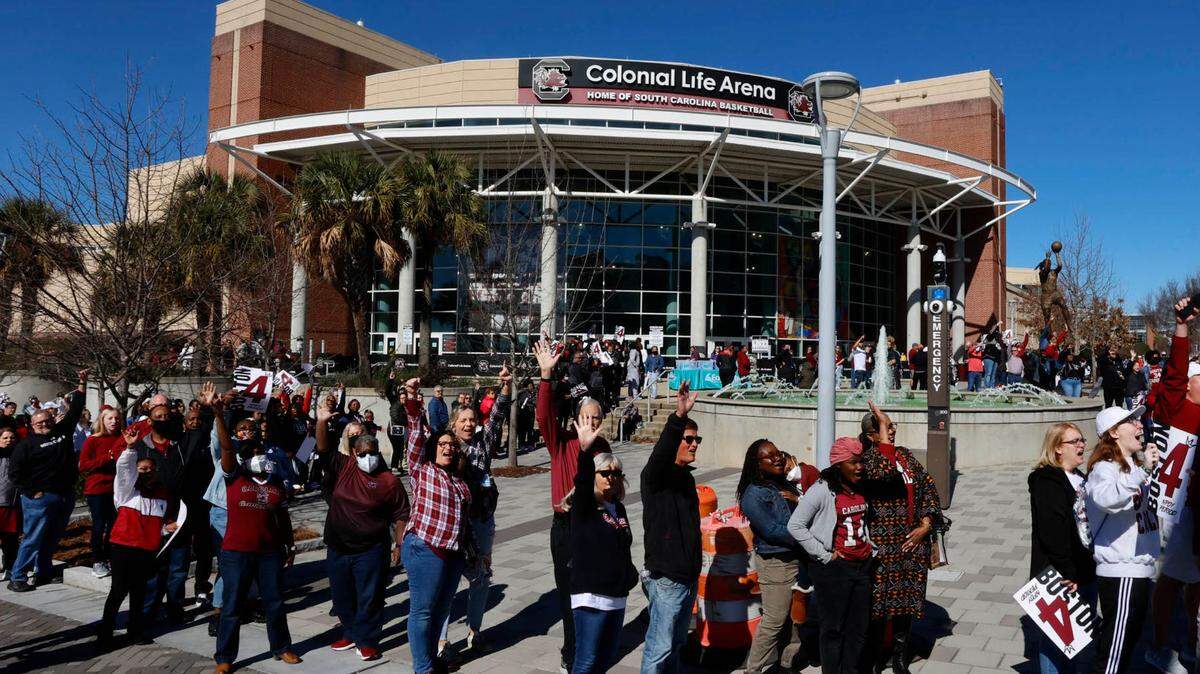 Fans gather outside the Colonial Life arena for a sold-out game against Tennessee on Sunday Feb, 20, 2022 in the Colonial Life Arena.