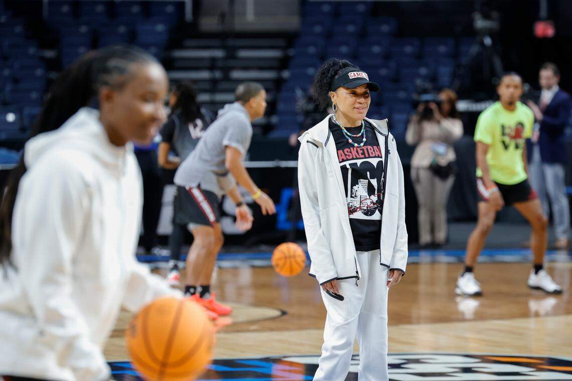 University of South Carolina Head Coach Dawn Staley watches as her team runs drills during practice in the MVP Arena in Albany, NY on Thursday, March 28, 2024 in advance of the Sweet 16 round of the NCAA Tournament.