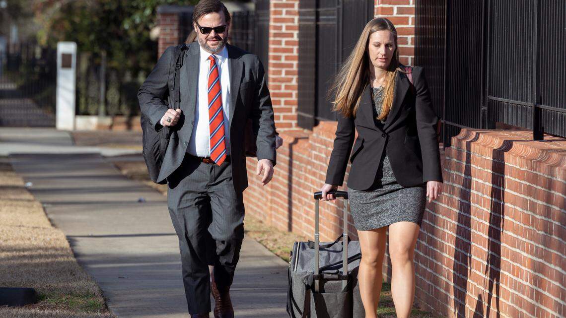 Defense Attorneys Joshua Snow Kendrick’s, left, and Lindsey Sterling Vann walk into the Matthew J. Perry Federal Courthouse on Tuesday, Feb. 20, 2024. Their client, Daqua Ritter, 26, is charged with a hate crime for the murder of Pebbles, LaDime “Dime” Doe, a transgender woman, in 2019.