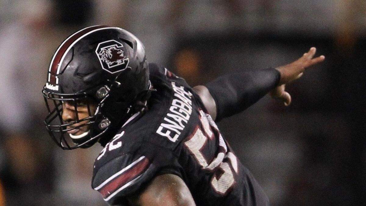South Carolina Gamecocks defensive lineman Kingsley Enagbare (52) celebrates during the game against the Tennessee Volunteers at Williams-Brice Stadium on Saturday, September 26.