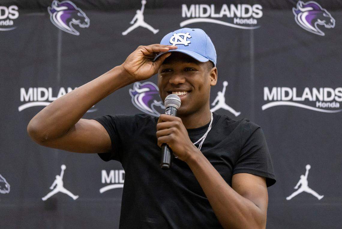 Five-star basketball player GG Jackson, who announced his decision to attend the University of North Carolina, speaks to the media on Wednesday, April 27, 2022, in Columbia.
