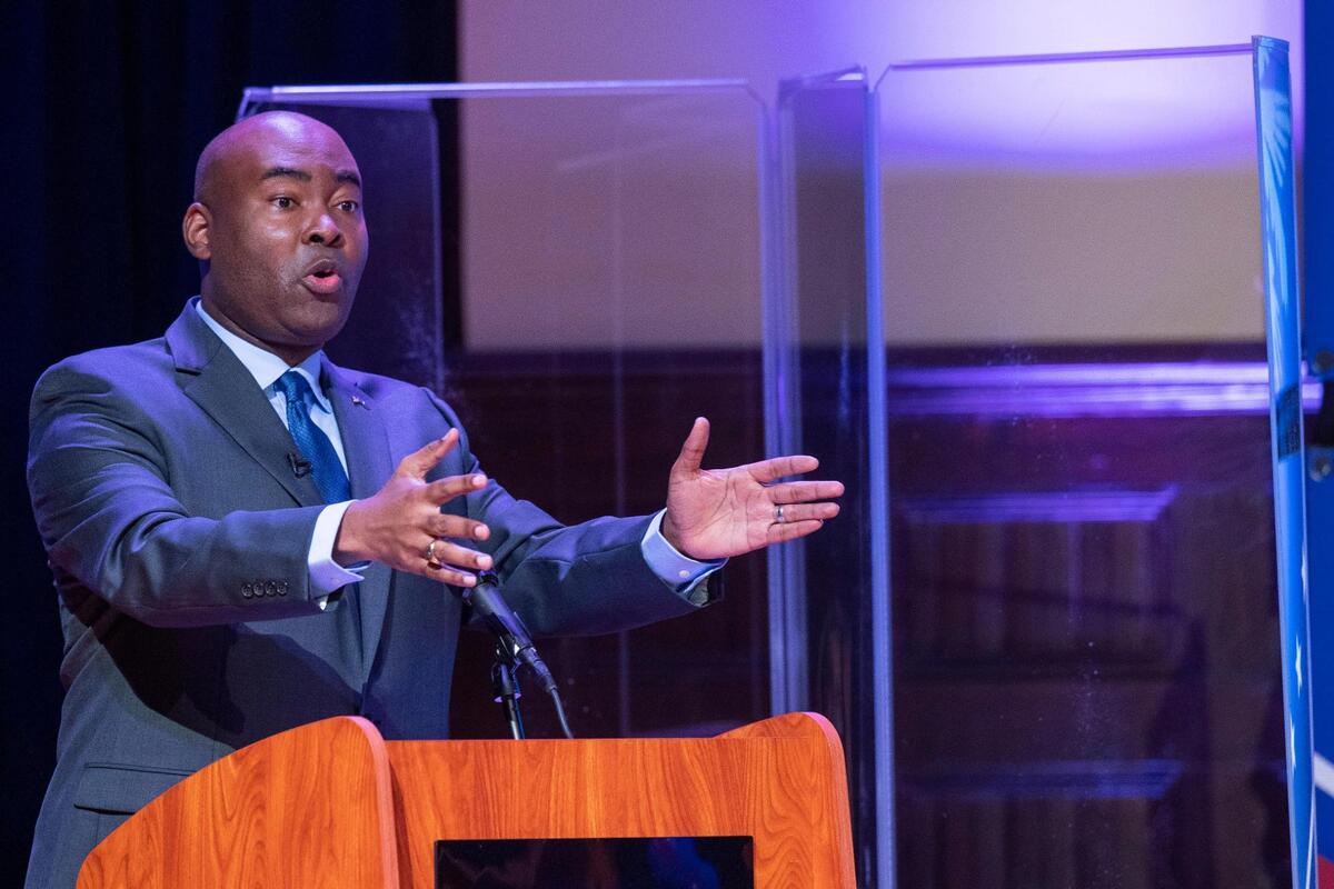Jaime Harrison and Senator Lindsey Graham face off in the South Carolina U.S. Senate debate at Allen University in Columbia, South Carolina on Saturday, October 3, 2020.