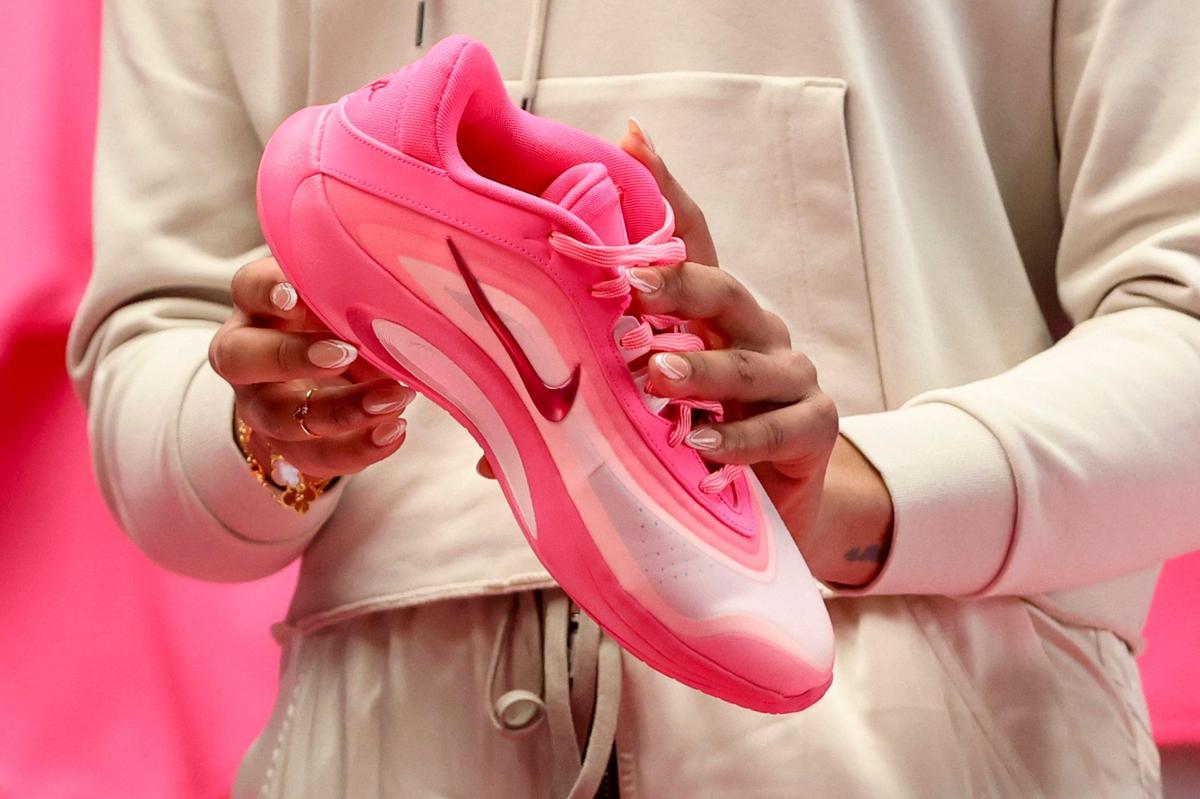 A’ja Wilson talks about her signature Nike A’One shoe during the taping for Nike social media in Columbia.