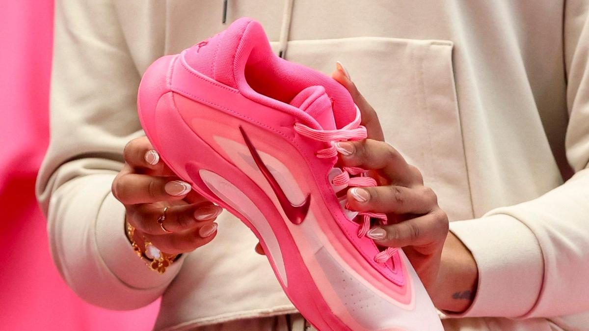A’ja Wilson talks about her signature Nike A’One shoe during the taping for Nike social media in Columbia on Monday, Feb. 3, 2025.