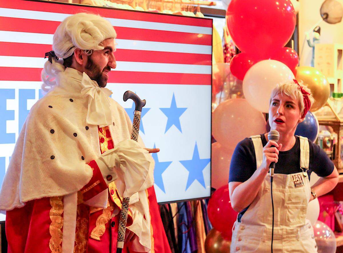 John and Sarah Grace Allen joke before John performed “You’ll Be Back” from “Hamilton” at the Freedom Friday event at Momma Rabbit’s Nibbles and Sips on April 5, 2024.
