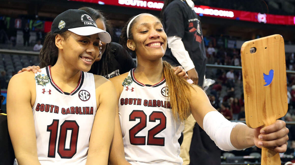 April 2, 2017: South Carolina Gamecocks forward A’ja Wilson (22) and guard Allisha Gray (10) take a selfie after defeating the Mississippi State Lady Bulldogs in the 2017 Women’s Final Four championship at American Airlines Center.