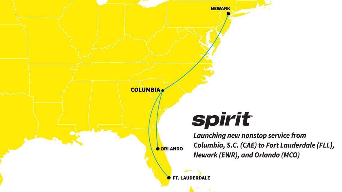 A route map of the Spirit Airlines flights to and from Columbia, South Carolina.